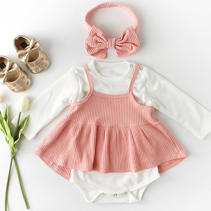 Kiskissing 3PCS Spanish Style Baby Girl Clothes Dress Set Long Sleeve Romper+Ruffed Sundress +Big Bow Headband Wholesale