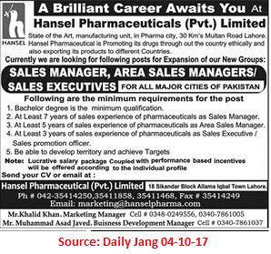 Hansel Pharmaceuticals Ltd,Sales Manager,Lahore