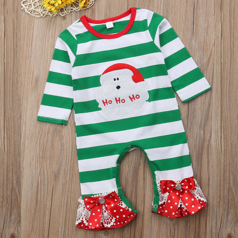 Kiskissing Stylish Baby Girl White & Green Bell-Bottom Jumpsuit Coverall with Bow Lace Trimmed Hem Infant Christmas Clothes Wholesale Rompers & Jumpsuits