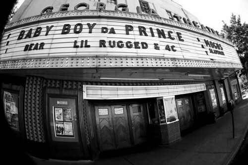 Black and White picture of the iconic Georgia Theatre in Athens Georgia with Baby Boy da Prince on the Marquee