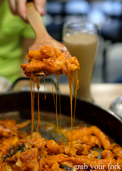 Stretchy cheese in the dakgalbi spicy chicken bbq at PR Korean Restaurant, Lidcombe