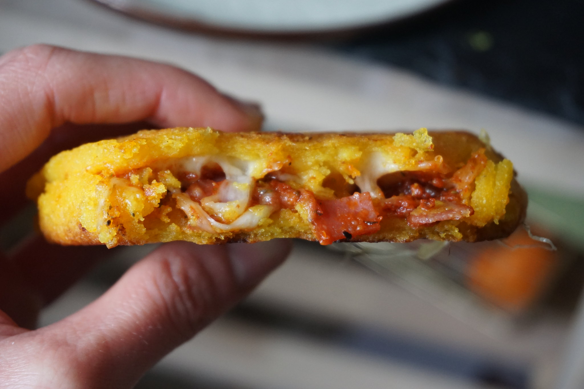 Easy, no bake, gluten free hot pocket arepas with pizza style filling (pepperoni, mozzarella and pizza sauce)