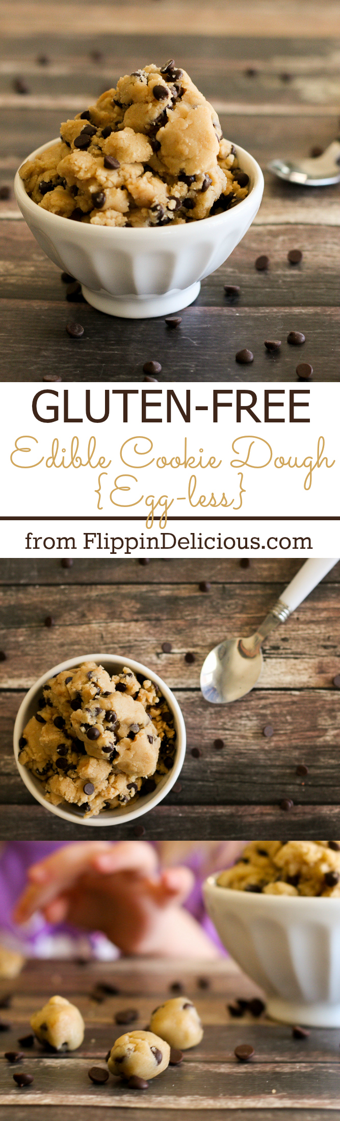 white bowl of gluten free edible cookie dough with chocolate chips on farmhouse table sprinkled with mini chocolate chips with text saying gluten-free edible cookie dough [eggless] from flippindelicious.com