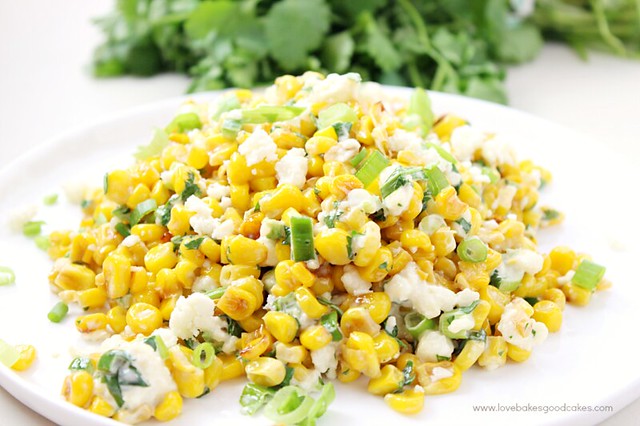 Mexican Street Corn Salad on a white plate.