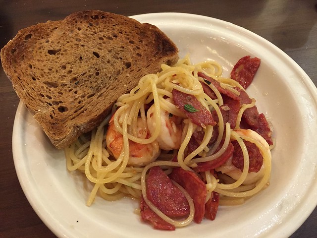 spaghettini with chorizo and shrimps