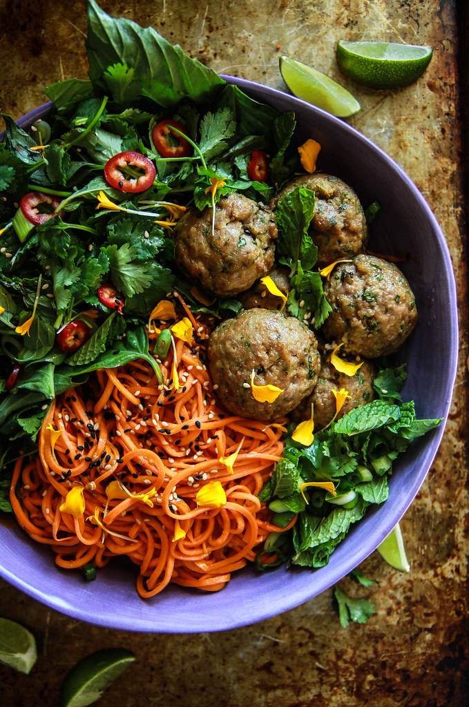 Paleo Asian Sweet Potato Noodles with Pork Ginger Meatballs from HeatherChristo.com