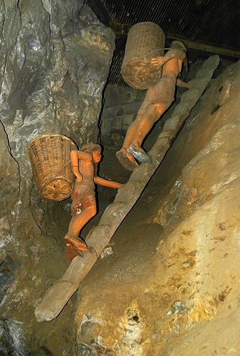 The original way the rock was excavated carrying heavy baskets up a precarious ladder on the mine tour in Zacatecas, Mexico