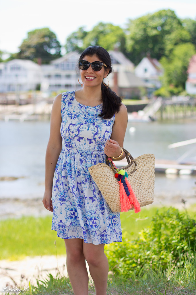 blue and white sundress, straw tote with poms-6.jpg