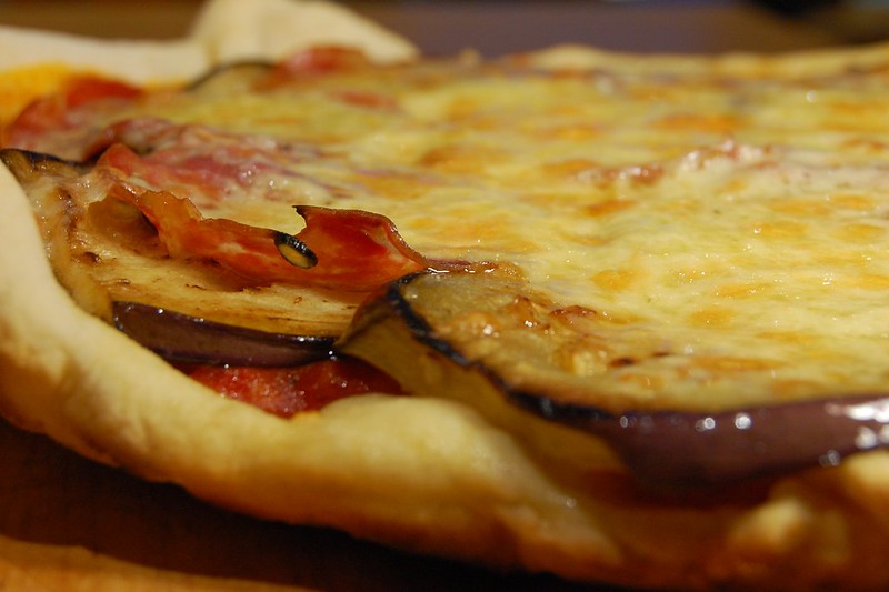 Salami and aubergine pizza