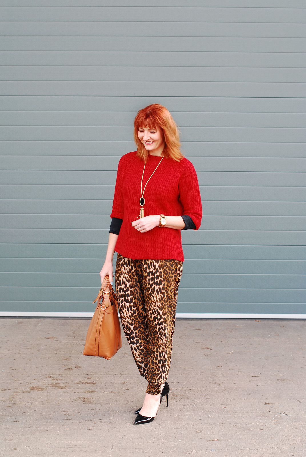 Bold autumn/fall/winter outfit: Red three quarter sleeve sweater, leopard print joggers, pointed black heels | Not Dressed As Lamb