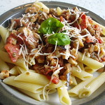 Penne with  Tomatoes, Aubergine and Vegi Cheese