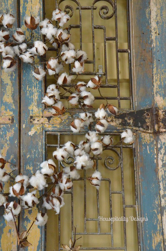 Cotton Wreath over antique wood & iron shutters-Housepitalty Designs