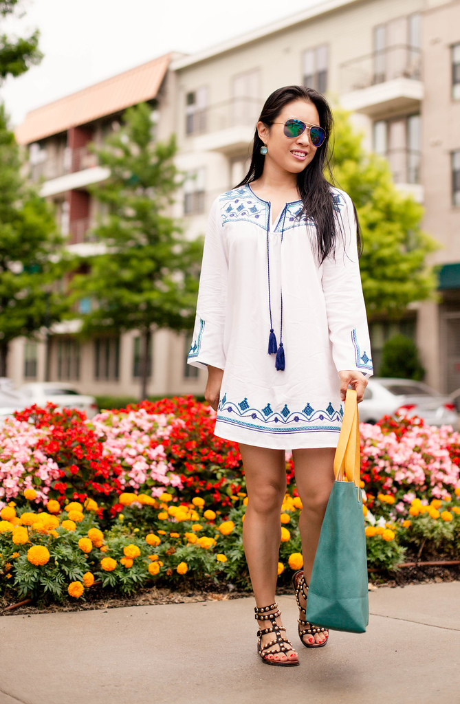 cute & little blog | petite fashion | embroidered beach cover up tassel dress, studded gladiator sandals | summer outfit