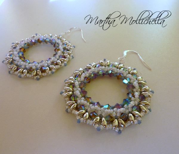 hand beaded earrings with swarovski crystals, beads and silver hook by Martha Mollichella Handmade Jewelry