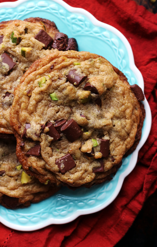 Thick and Chewy Smoked Sea Salt, Pistachio, and Chocolate Chunk Cookies
