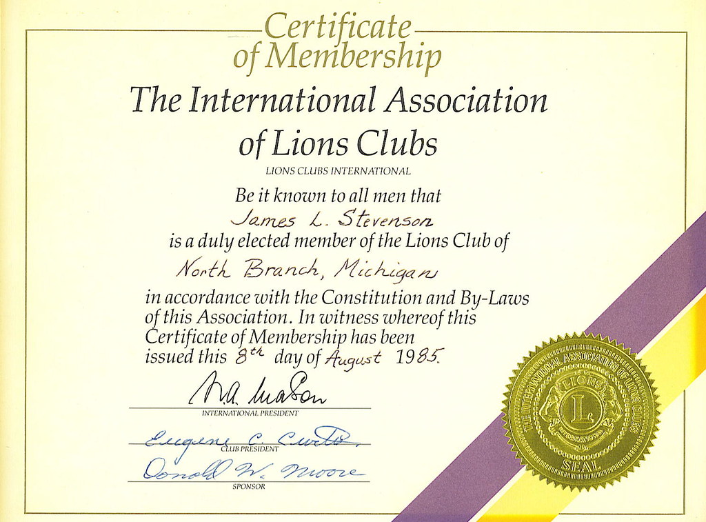 Lions Certificate My Lions Club Membership Certificate, 19… Dr