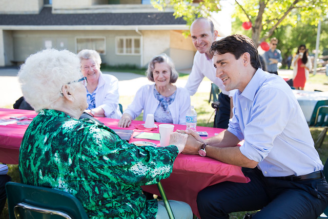 Justin Trudeau and Randy Boissonault meet residents in Edmonton Centre. June 5, 2015.