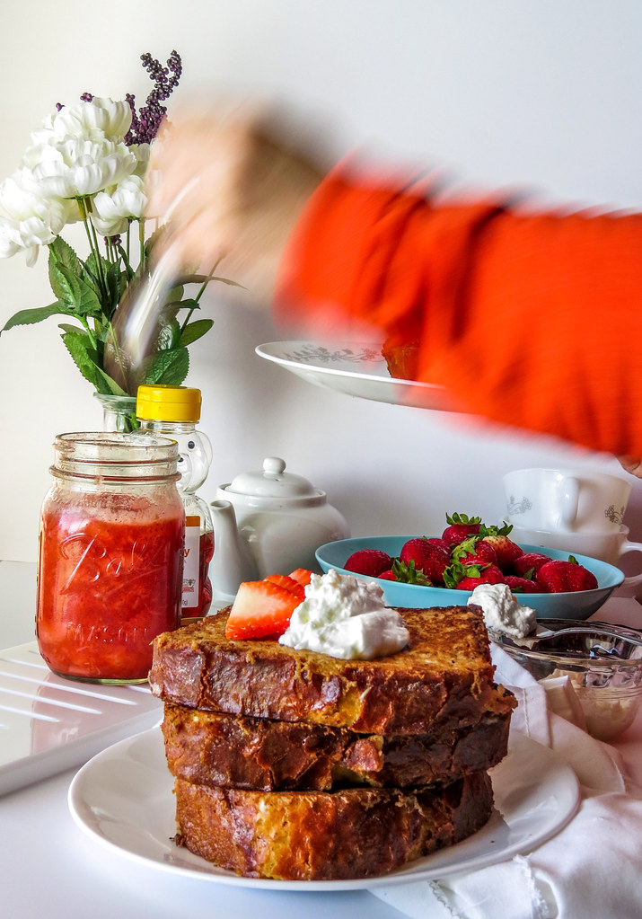 Brioche French toast with a Whipped Rose Water Cream and Strawberry Compote