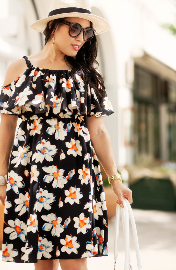 cute & little blog | petite fashion | floral off-shoulder ruffle dress, nude wedge espadrilles, straw bag, panama hat | summer outfit