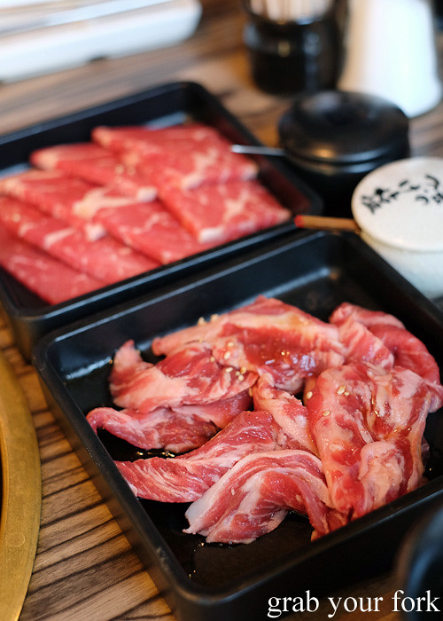 Beef short ribs and beef loin at Gyakaku Yakiniku in Osaka, Japan