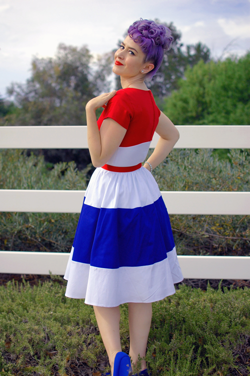 Pinup Girl Clothing Amanda Dress in Red White and Royal Blue