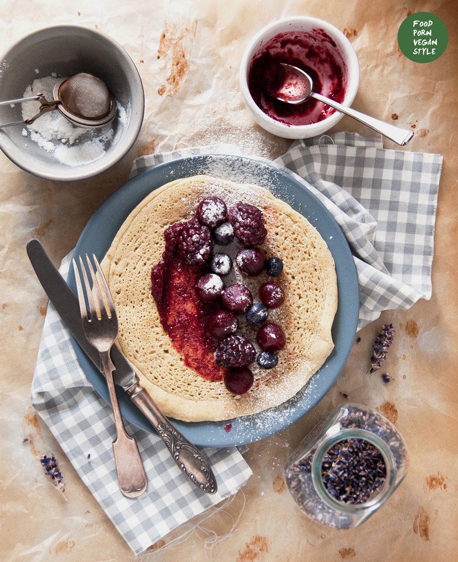 Millet crepes with cherry-lavender marmalade and mixed berries (vegan, gluten-free, refined sugar-free)