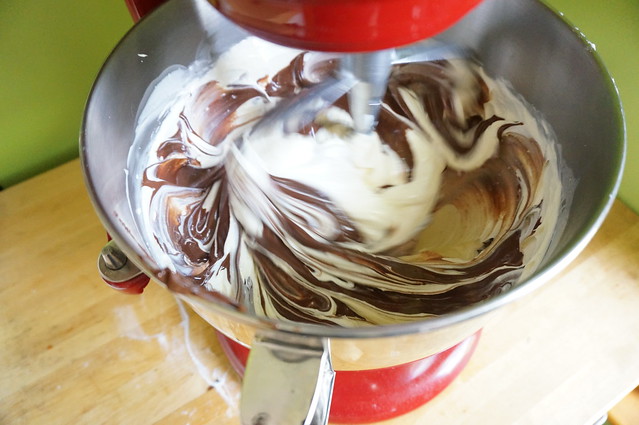 Mixing the chocolate into the cheesecake batter in a stand mixer: it makes complex patterns of whorls and swirls