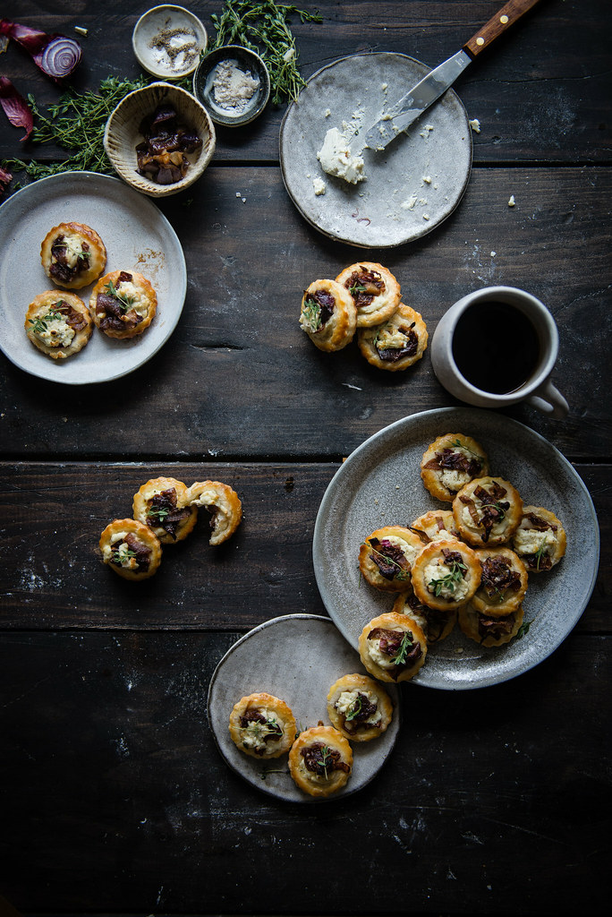 caramelized onion & boursin tartlets | two red bowls