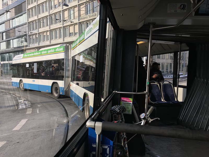 Inside of a double articulated bus in Zurich, Switzerland