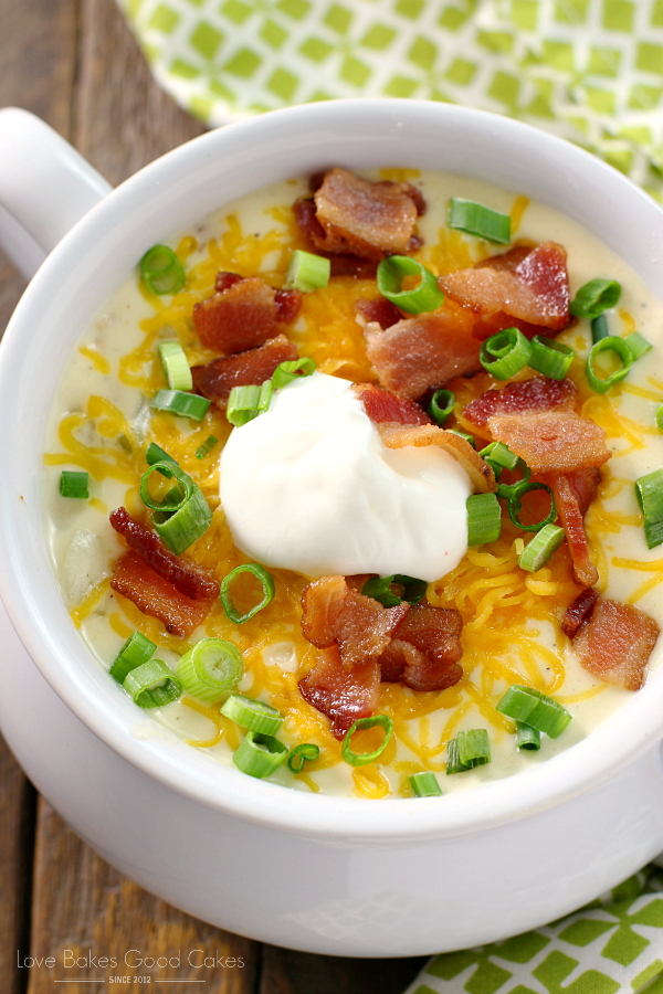Loaded Baked Potato Soup in a white bowl.
