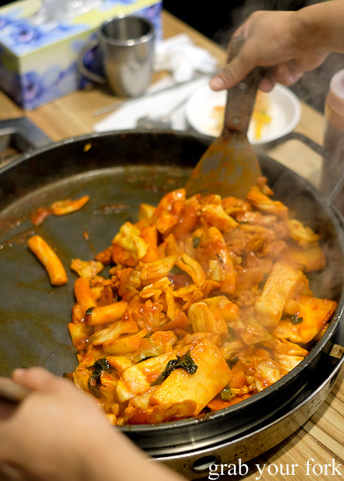 Cooking dakgalbi spicy chicken bbq at PR Korean Restaurant, Lidcombe