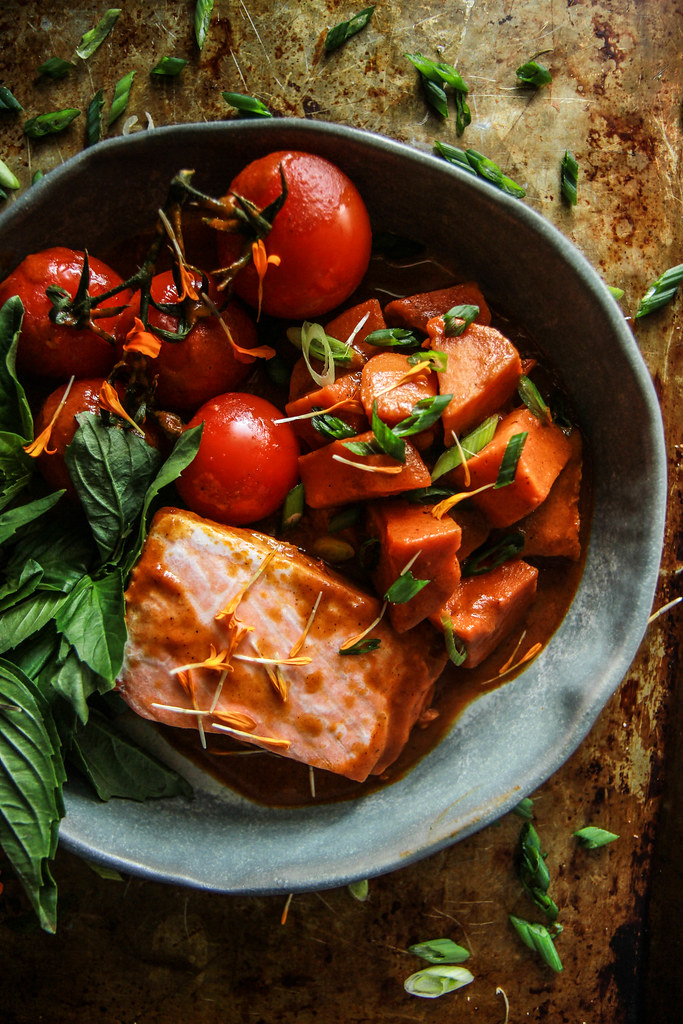 Paleo Red Curry Braised Salmon and Sweet Potatoes from HeatherChristo.com