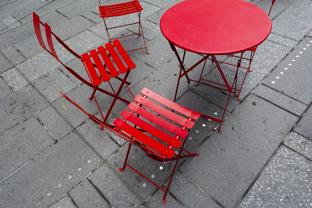 Red table and chairs on Times Square
