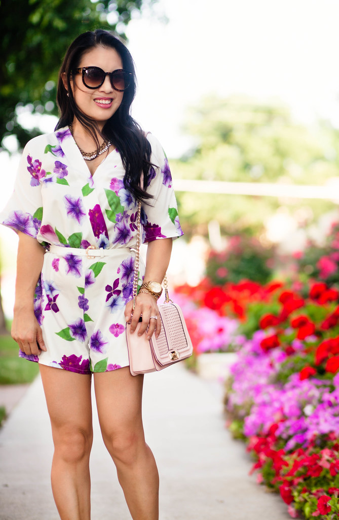 cute & little blog | petite fashion | purple floral romper, minkoff pink love crossbody, pink pumps | summer outfit