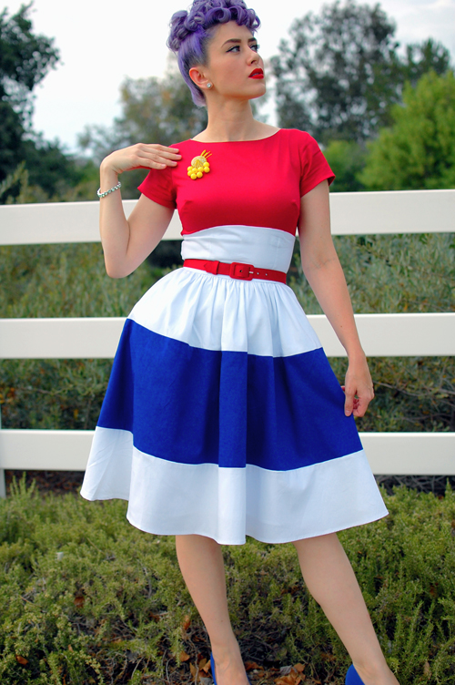 Pinup Girl Clothing Amanda Dress in Red White and Royal Blue