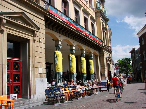 Winkel van Sinkel Caryatids ready for Tour de France. The restaurant and café decorates for the cycling race beginning in Utrecht.