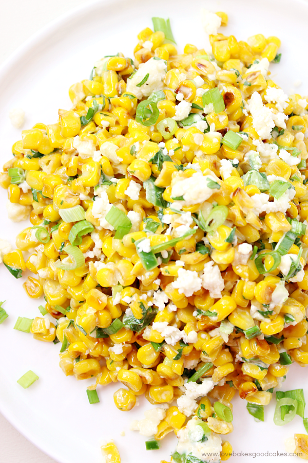 Mexican Street Corn Salad close up on a white plate.