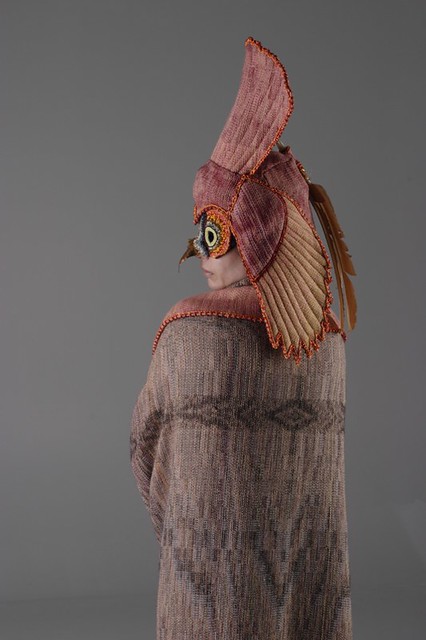 Margaret Roach Wheeler (Chickasaw) for Mahota Handwovens, The Messenger (The Owl) cape and headpiece, from the Mahotan Collection, 2014.The Smithsonian’s National Museum of the American Indian's Native Fashion Now Exhibit. Photo by Greg Hall.