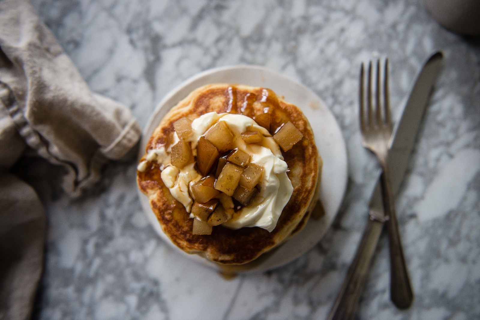 sprouted flour pancakes with vanilla pear compote | two red bowls
