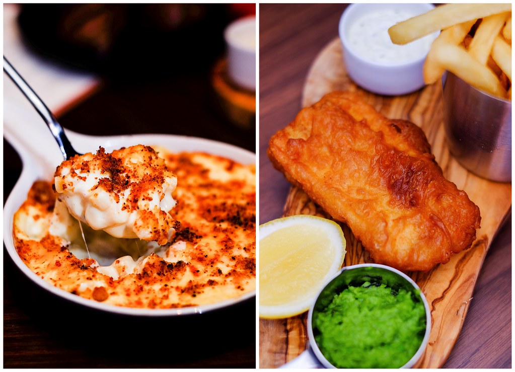 Bread Street Kitchen Dish: Macaroni Cheese with Garlic Roasted Crumbs and Fish & Chips