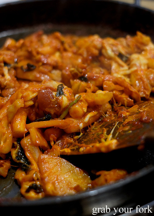 Rice cakes and cheese in the dakgalbi spicy chicken bbq at PR Korean Restaurant, Lidcombe