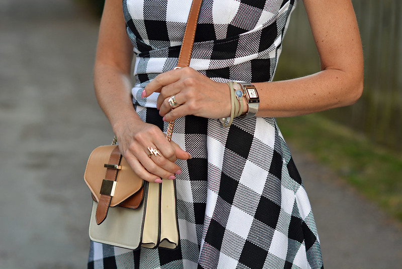 Not Dressed As Lamb | Fit-and-flare black and white gingham dress, cross body bag
