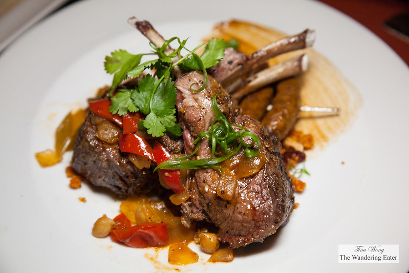 Evening's special - Morrocan inspired dish of roast rack of lamb, couscous, bell peppers, and mergiez saisages