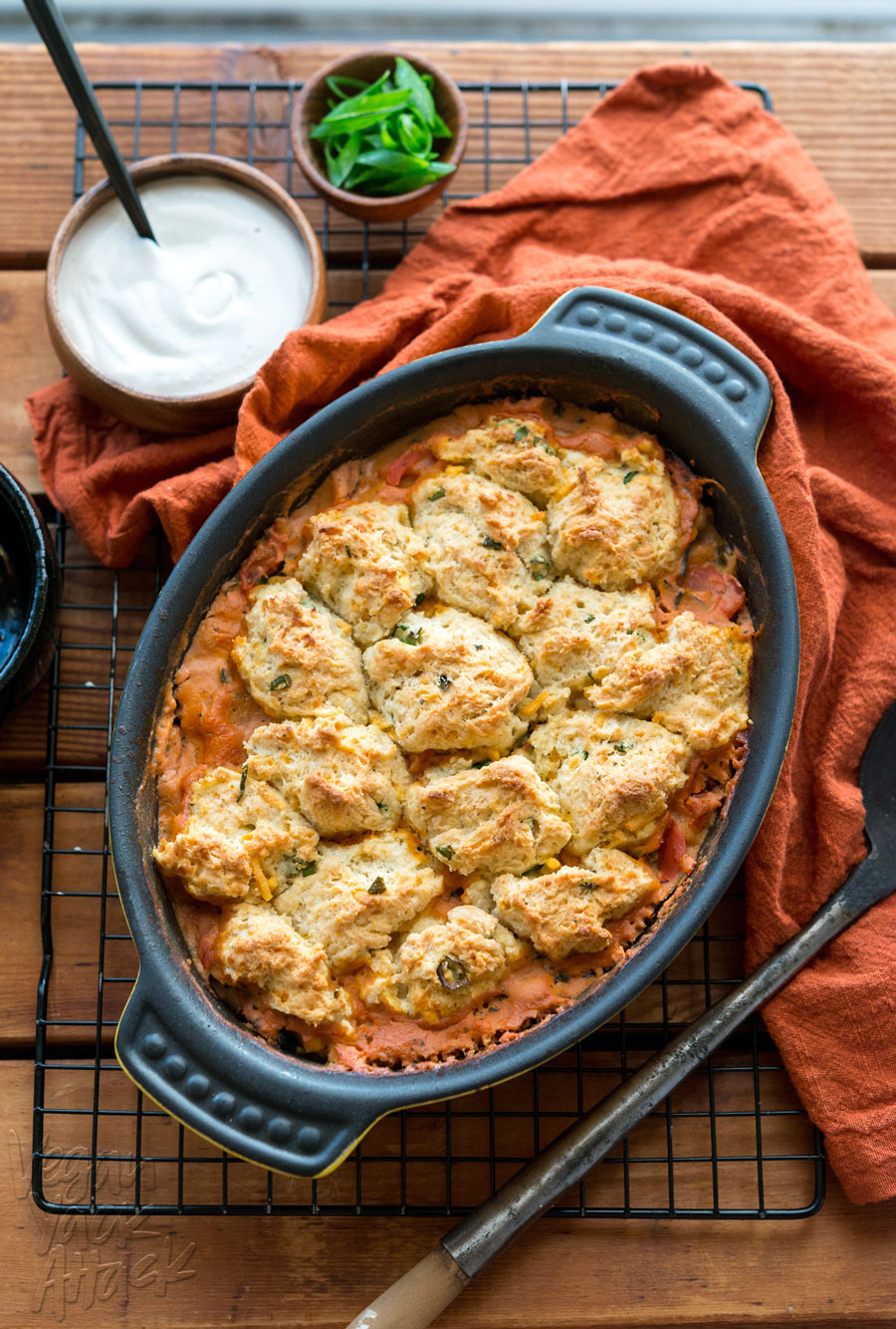 Savory Tomato Cobbler with Vegan Cheddar Chive Biscuit topping! Delicious, hearty and perfect for a weeknight dinner. #nutfree #dairyfree #sponsored #DoPlants 