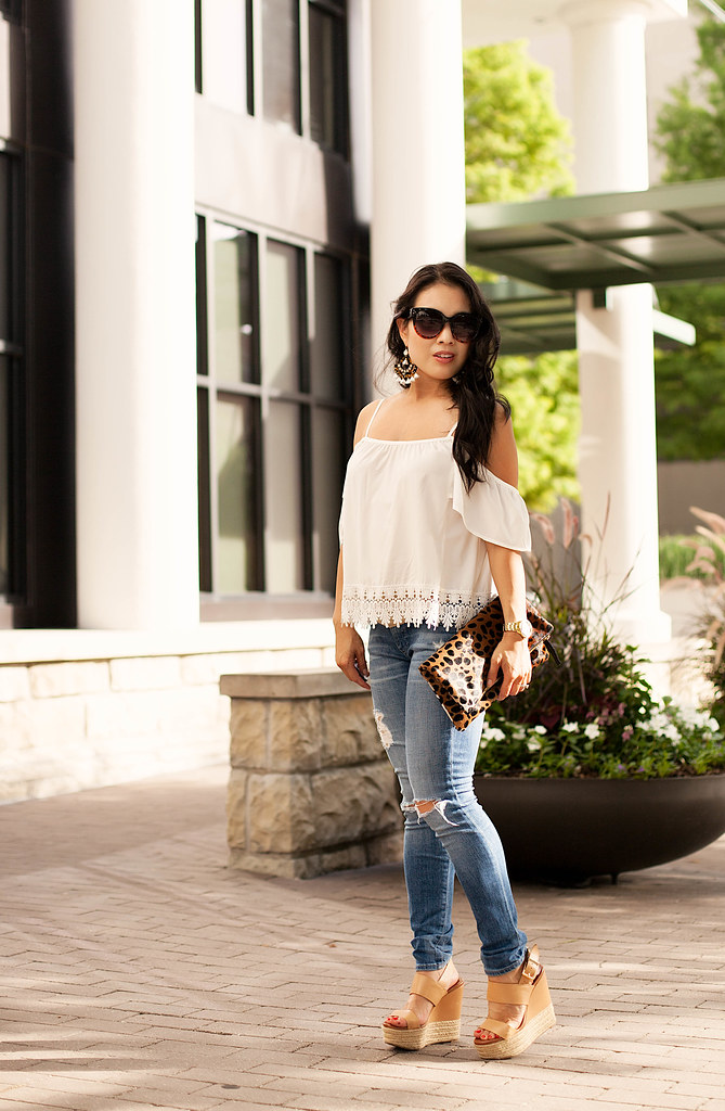 cute & little blog | petite fashion | white off shoulder lace blouse, distressed jeans, nude wedges, clare v leopard clutch, j.crew tortoise flower chandelier earrings | summer outfit
