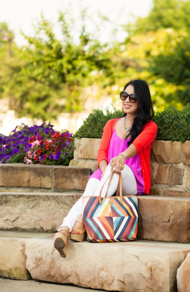 cute & little blog | coral cardigan, magenta pleated accordian cami, white distressed jeans, nude wedges, tory burch kerrington tote | spring summer outfit