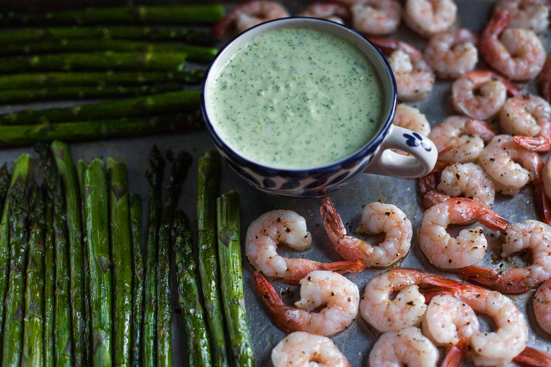 Roasted Shrimp and Asparagus with Green Goddess Dressing