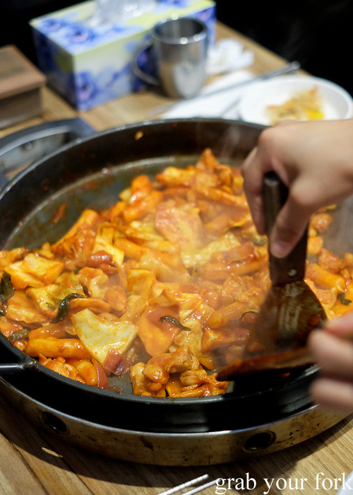 Cooking the dakgalbi spicy chicken bbq at PR Korean Restaurant, Lidcombe