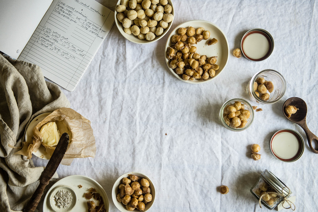 coffee-candied macadamia nuts | two red bowls