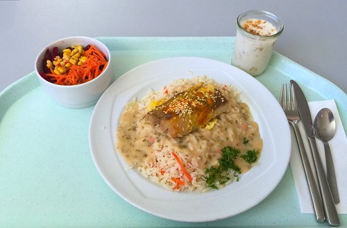 Hake with sesame on herb sauce & rice / Seehecht in Sesamkruste mit Kräutersauce auf Gemüsereis